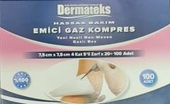 Dermateks Steril Spanç Emici Gaz Kompres NonWoven 7,5x7,5cm 4 Kat 100 lü