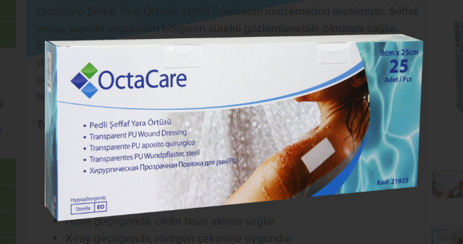 Octacare Şeffaf Su Geçirmez Yara Örtüsü 9cmx25cm- 25 Li Kutu