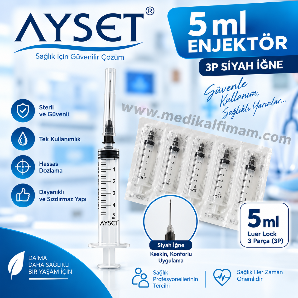 Ayset 5 ml Enjektör 3P Siyah – 225 Adet